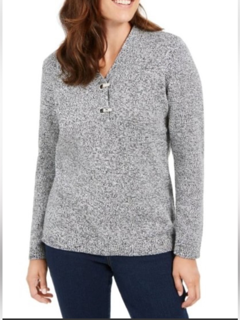 Karen Scott Long Sleeve V-Neck Henley Eye & Hook Grey Sweater 100%Cotton Size M